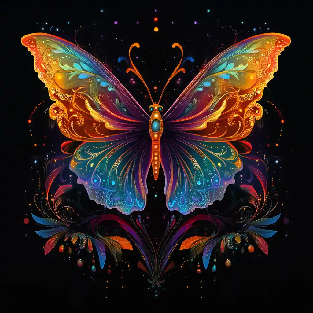 Papillon Éthéré de Feu et d’Eau dans une Forêt Enchantée