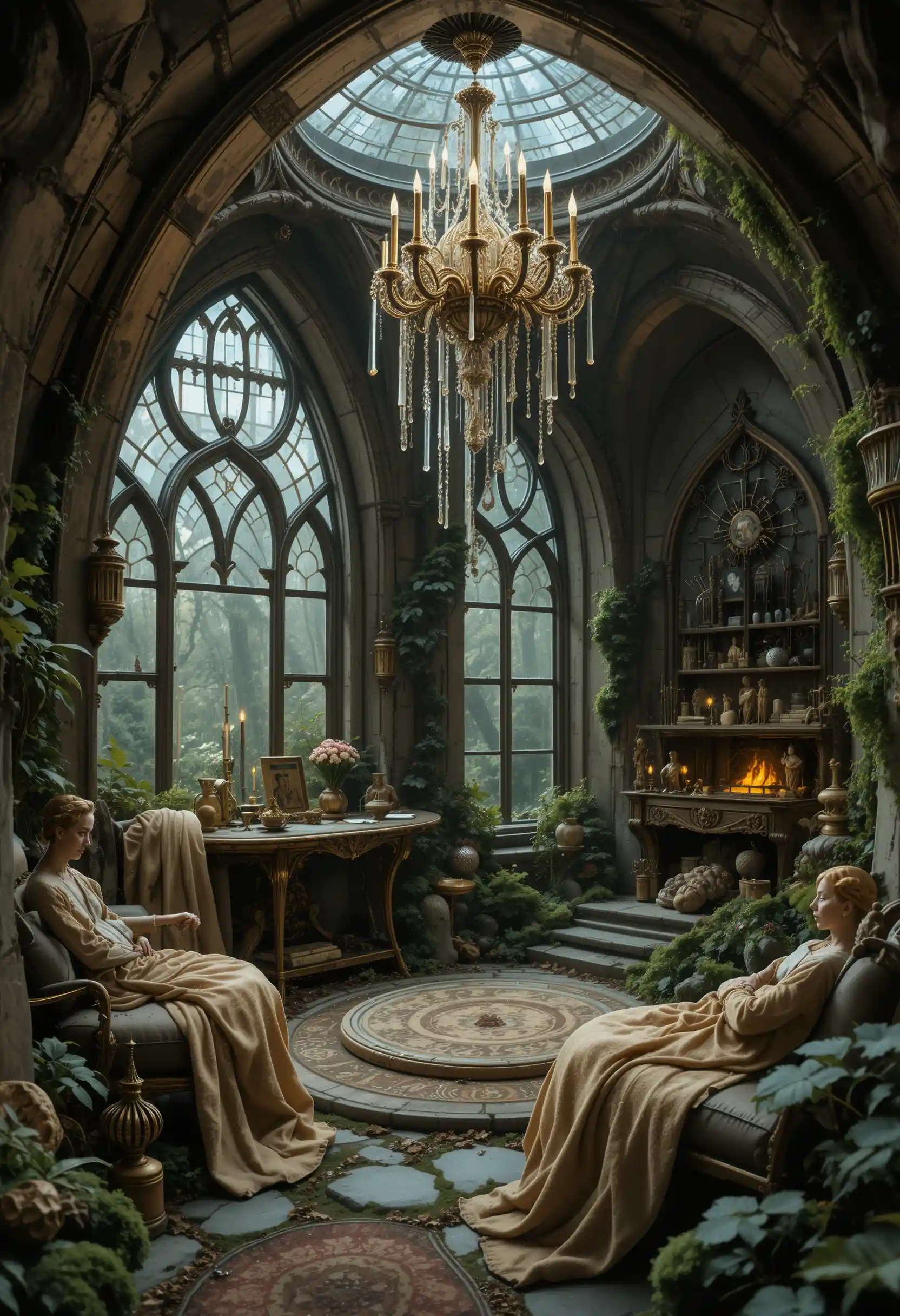 Verzauberndes Pilzhaus-Interieur mit goldenen Schnecken und Kristalllicht