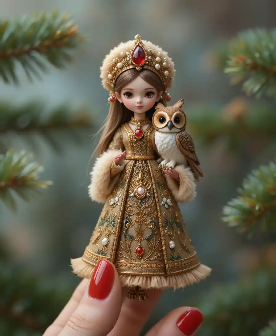 Boneca de porcelana em miniatura segurando uma coruja em dedos bem cuidados