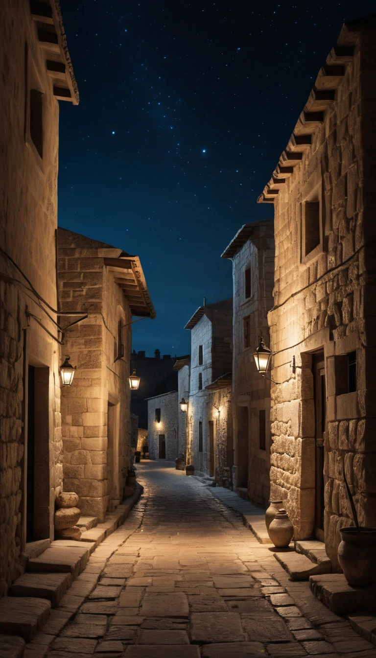 Silent stone village street under a deep blue night sky