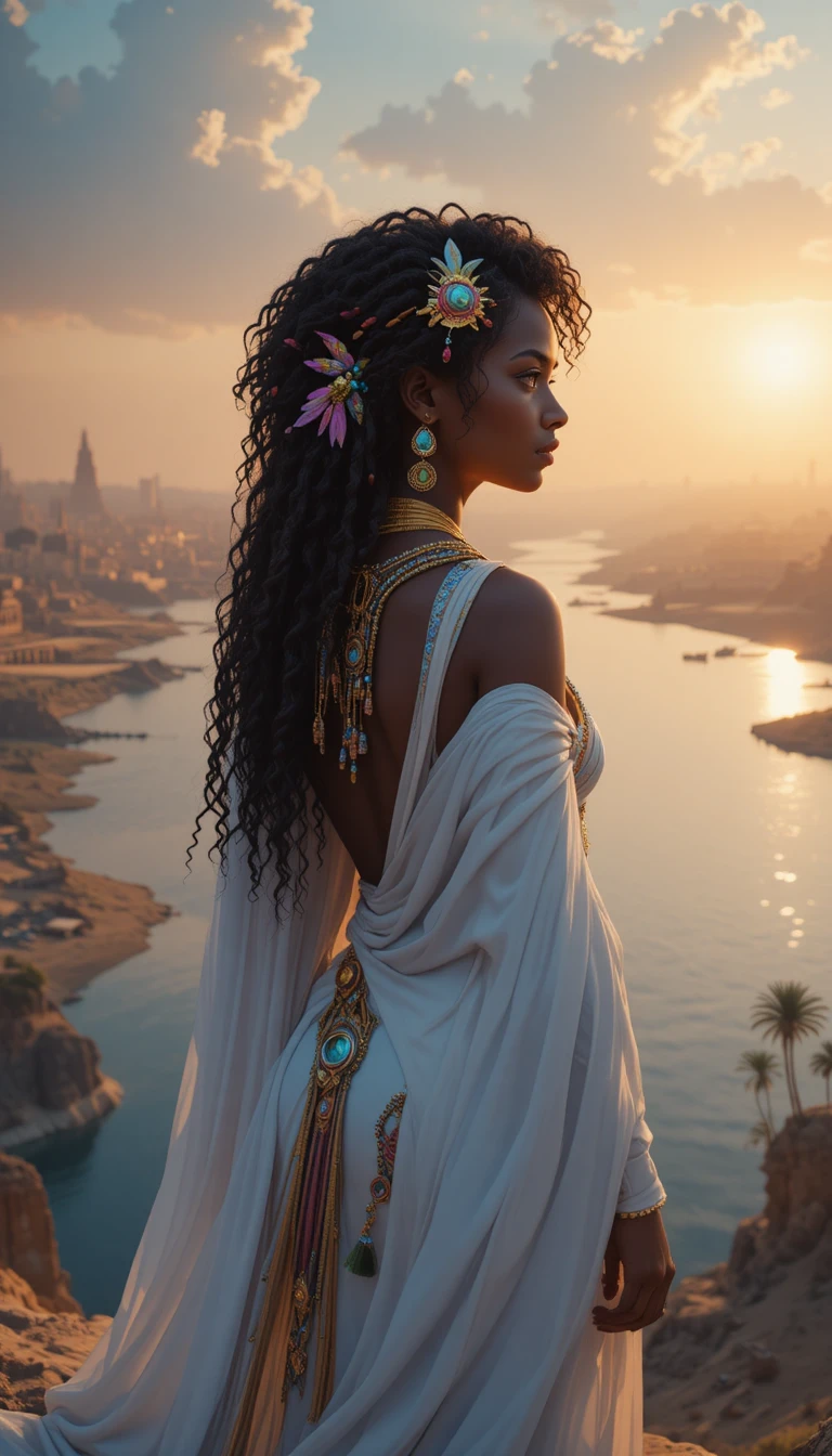 Giovane donna africana sul Nilo nella luce dorata del sole