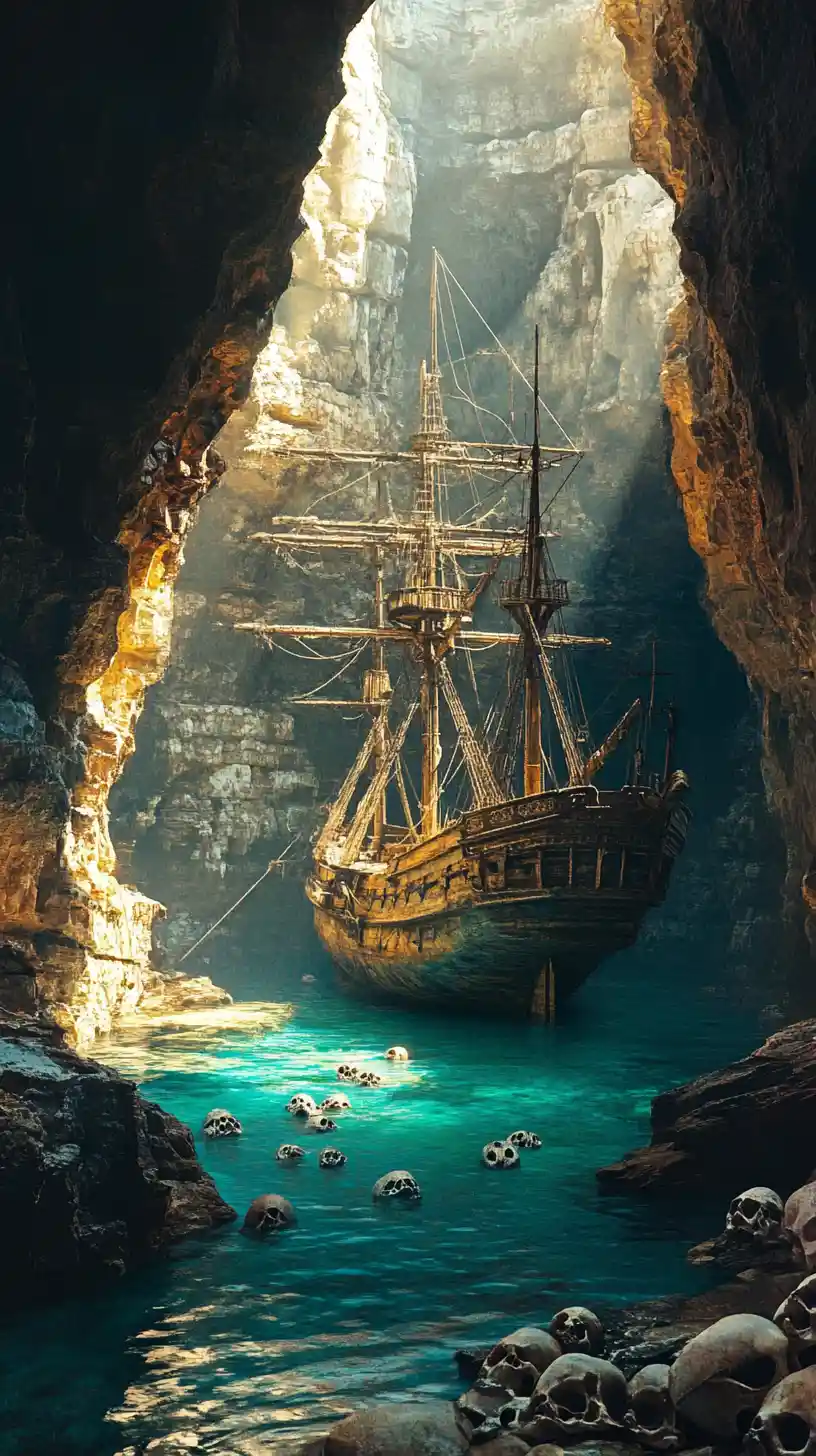 Antiguo barco pirata en una caverna iluminada por el sol con agua turquesa