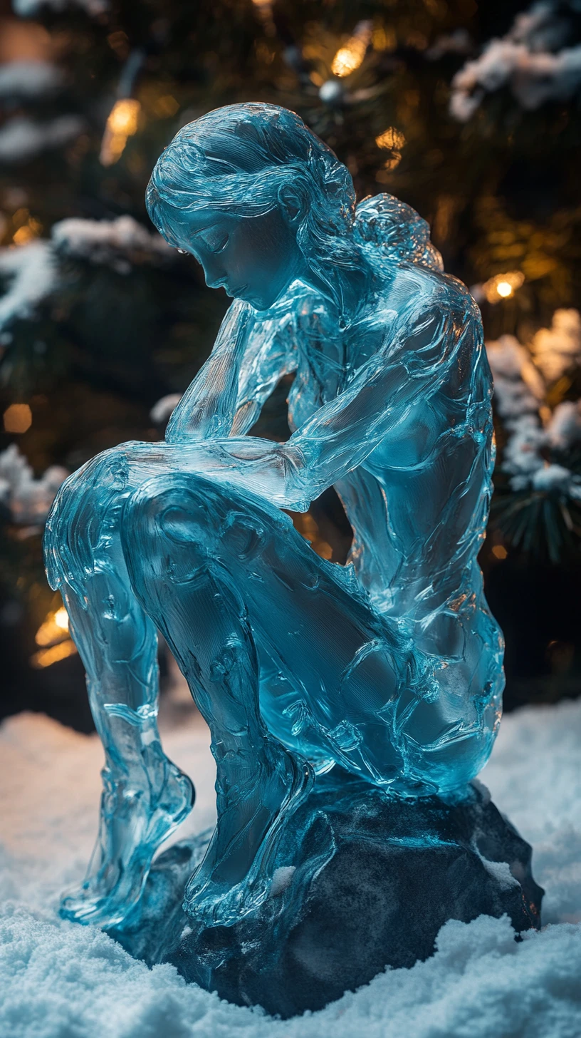 Blue translucent human sculptures by a festive christmas tree