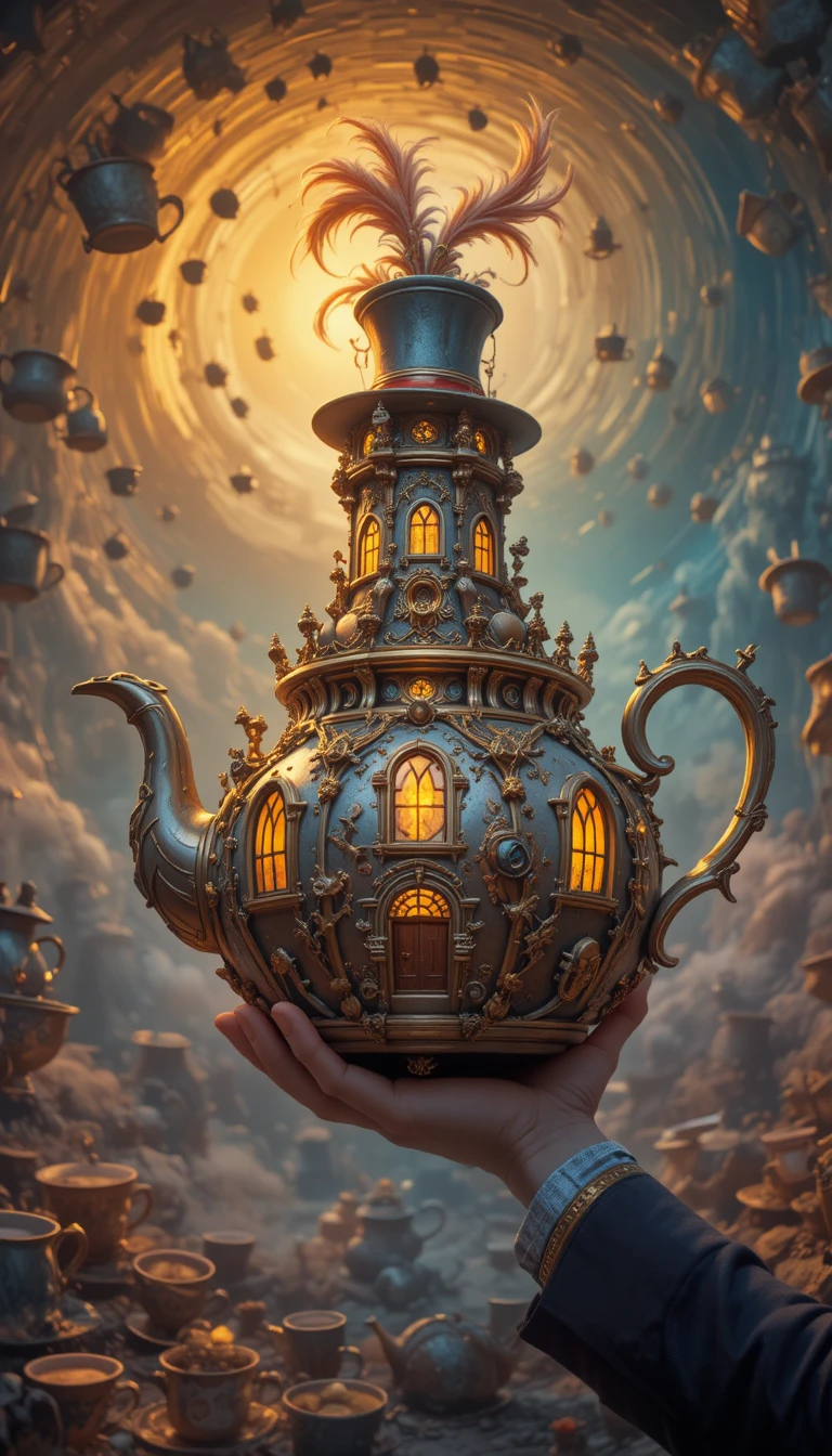 Whimsical hatter holding a glowing castle teapot
