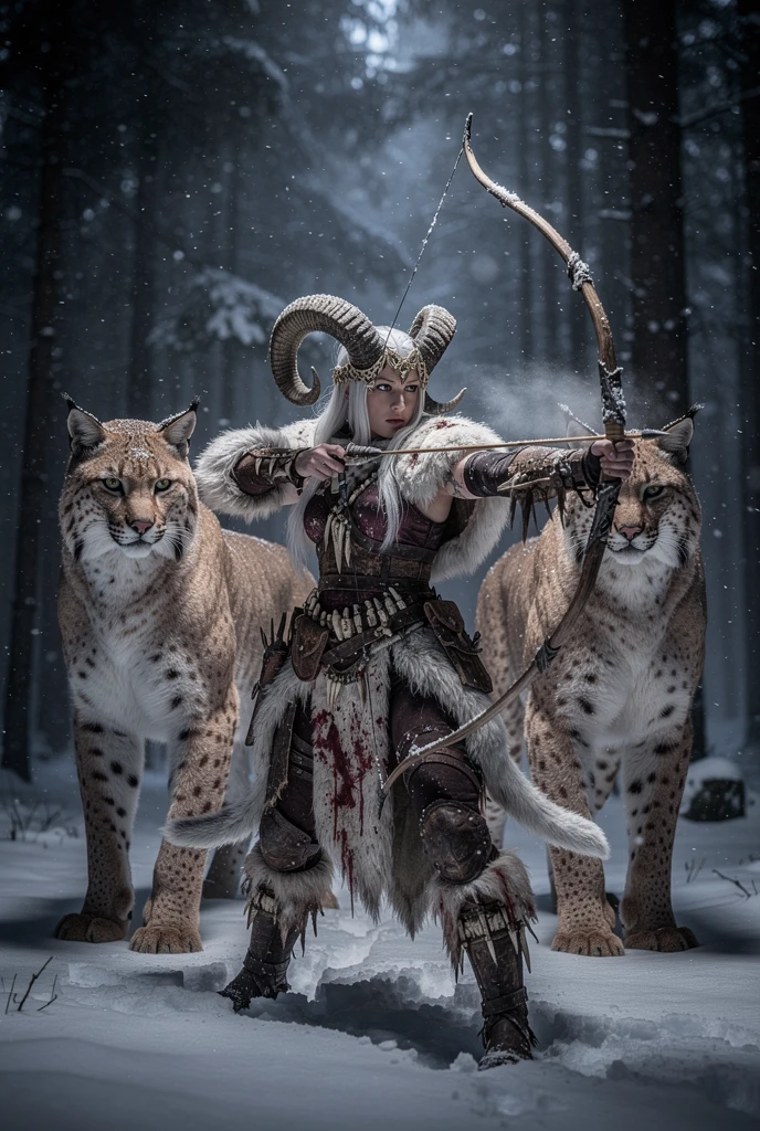 Horned huntress drawing her bow in a frozen forest