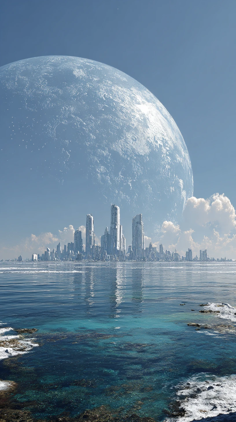 浩瀚銀河天空下的未來感外星海洋城市