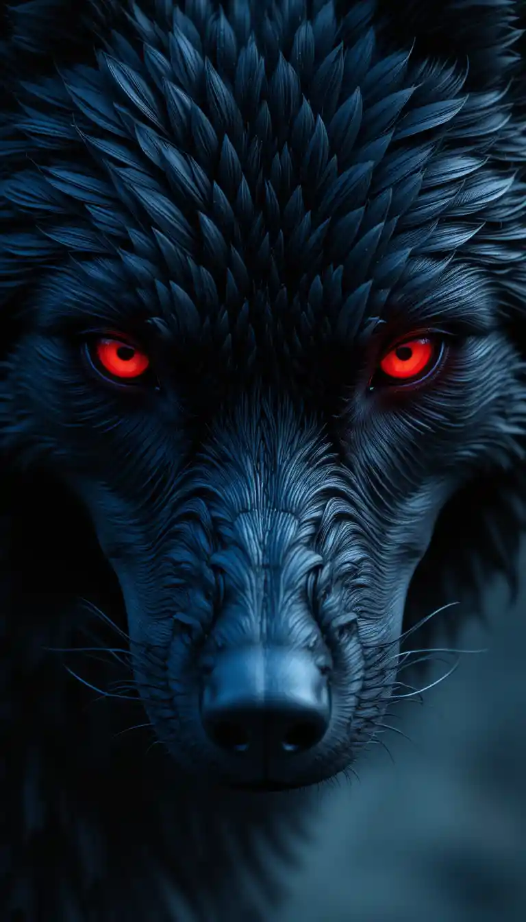 Nahaufnahme eines gefiederten Wolfsgesichts mit leuchtend roten Augen