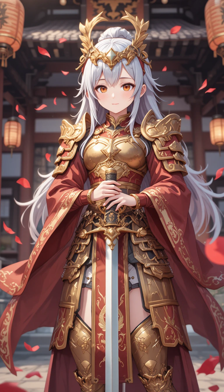 Anime warrior woman in ornate armor on Japanese street
