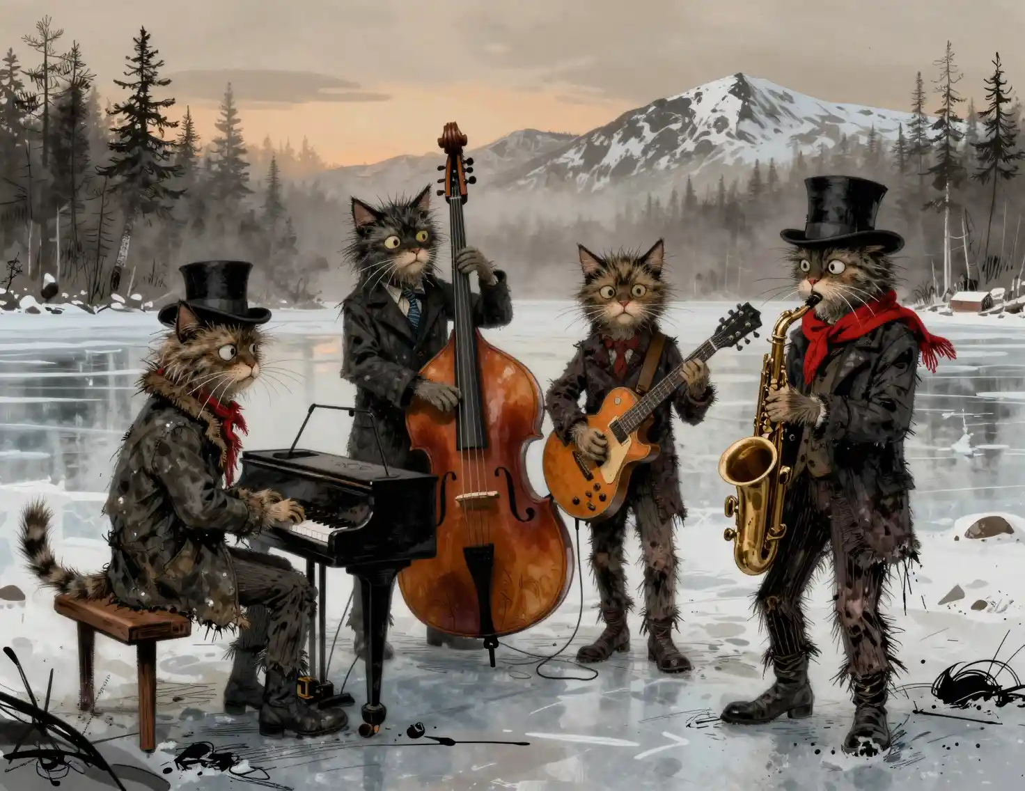Anthropomorphes Jazzkatzen-Quartett spielt auf einem zugefrorenen See