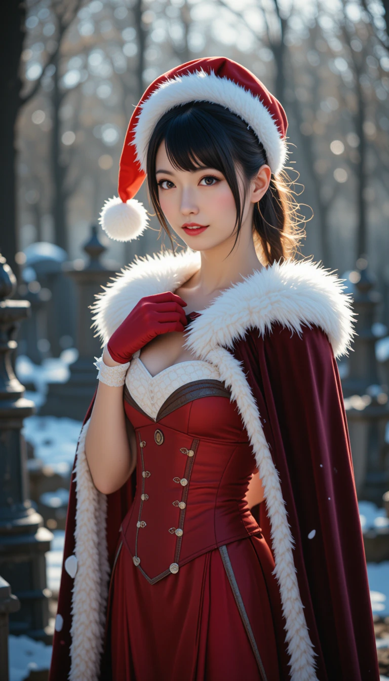 Dark fantasy girl in santa outfit posing in graveyard