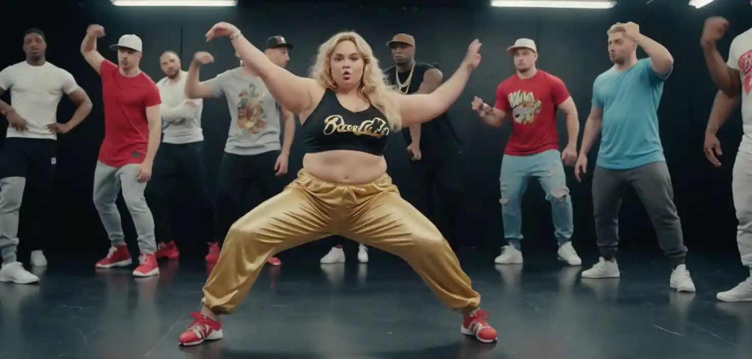 Donna bionda con look stravagante che balla hip hop in studio