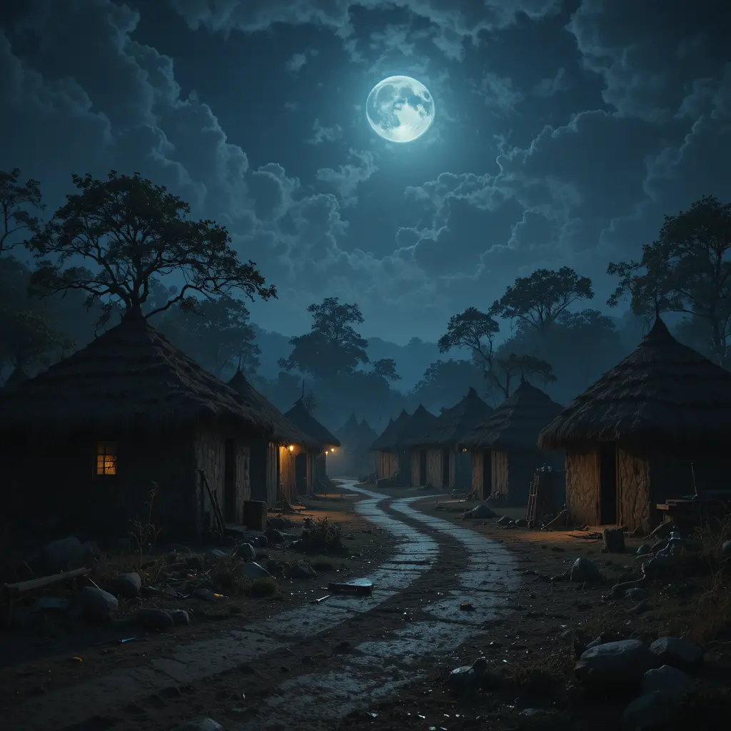 Quiet Indian village street in dim moonlit darkness