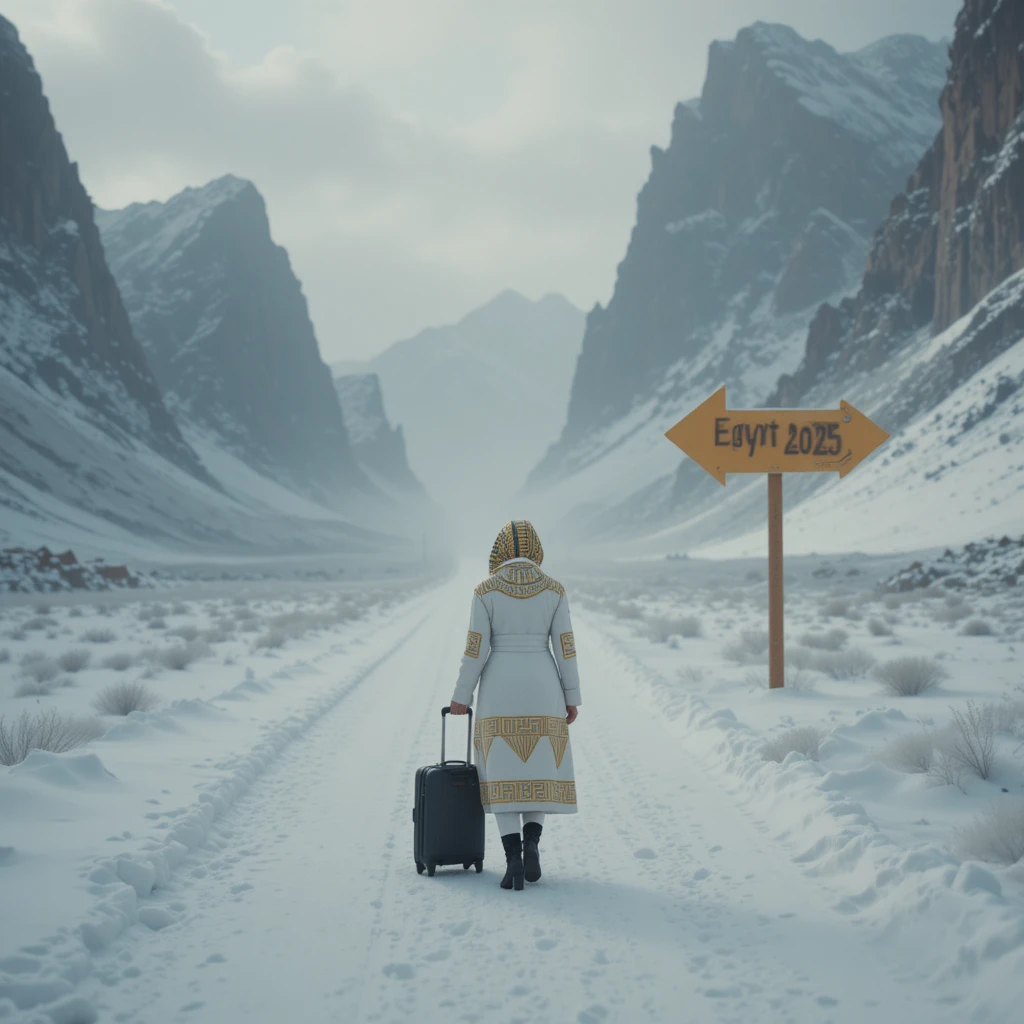 Femme sur une route de montagne enneigée vers le panneau Égypte 2026