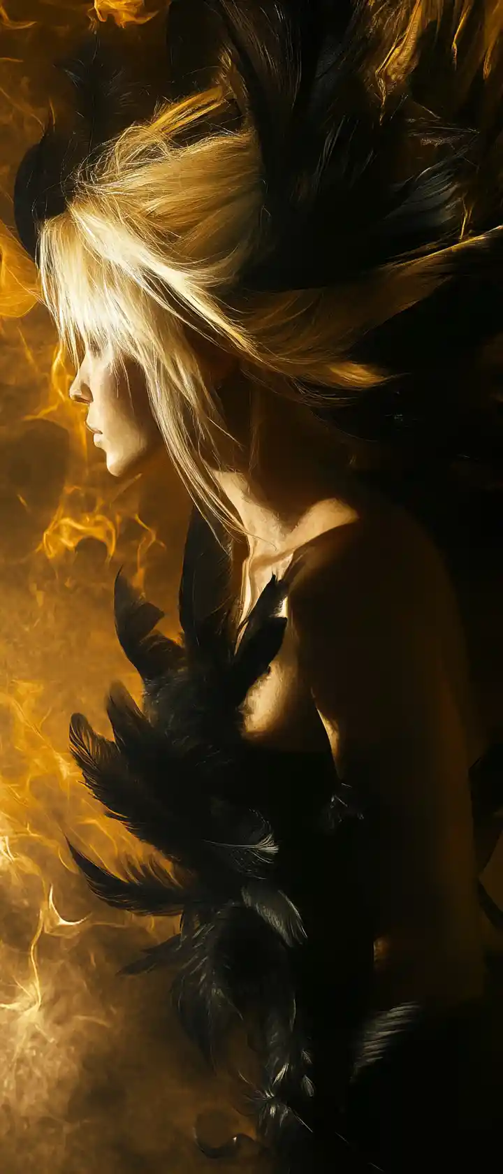 Femme blonde ornée de fleurs dorées et de plumes noires