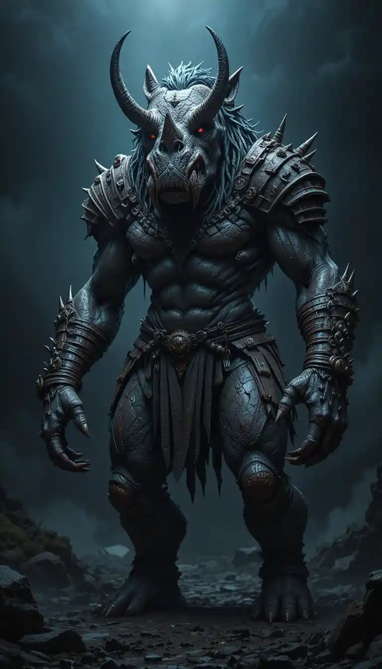 Armored horned beast with glowing red eyes in shadows