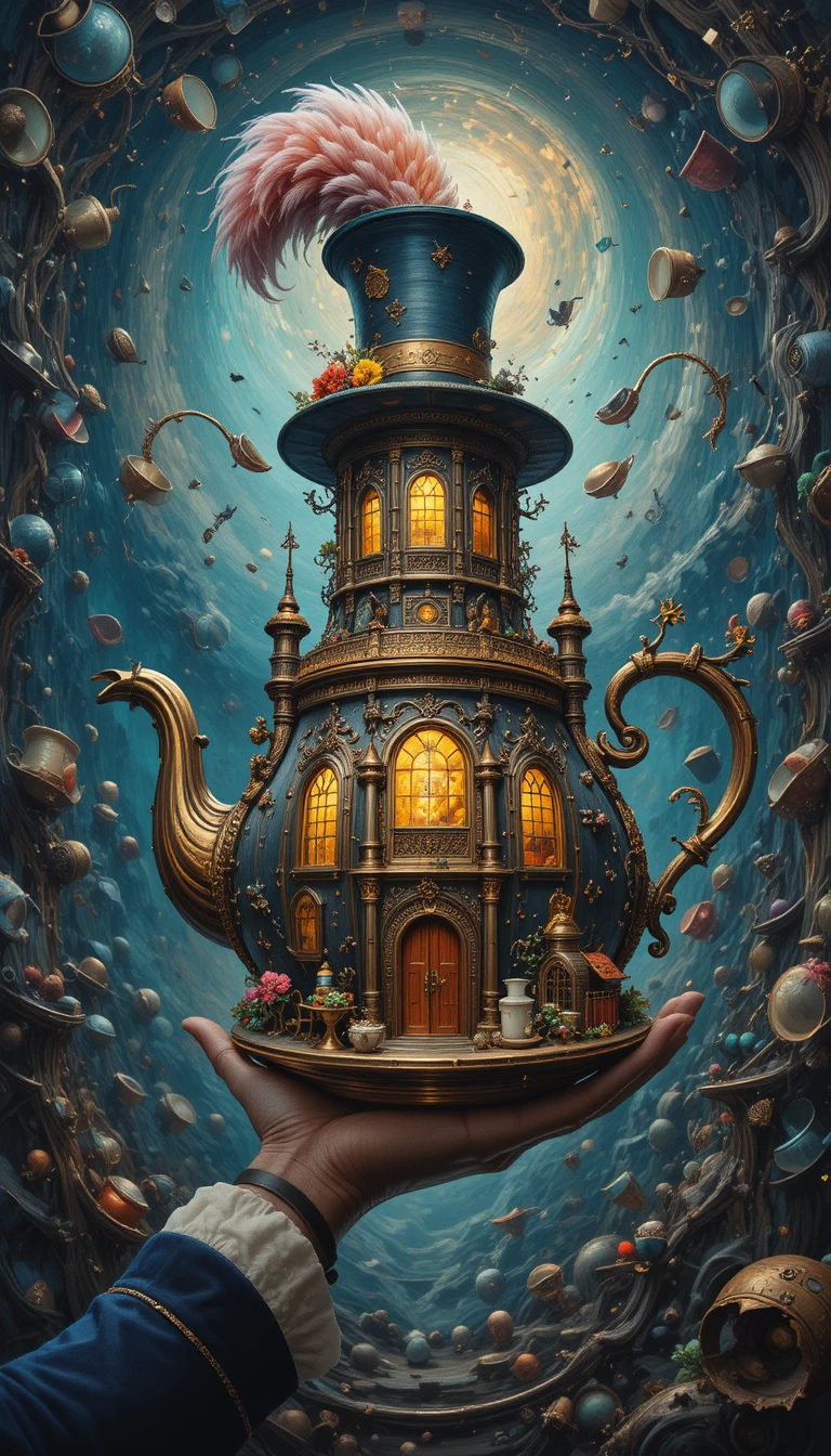 Whimsical hatter holding a glowing castle shaped teapot