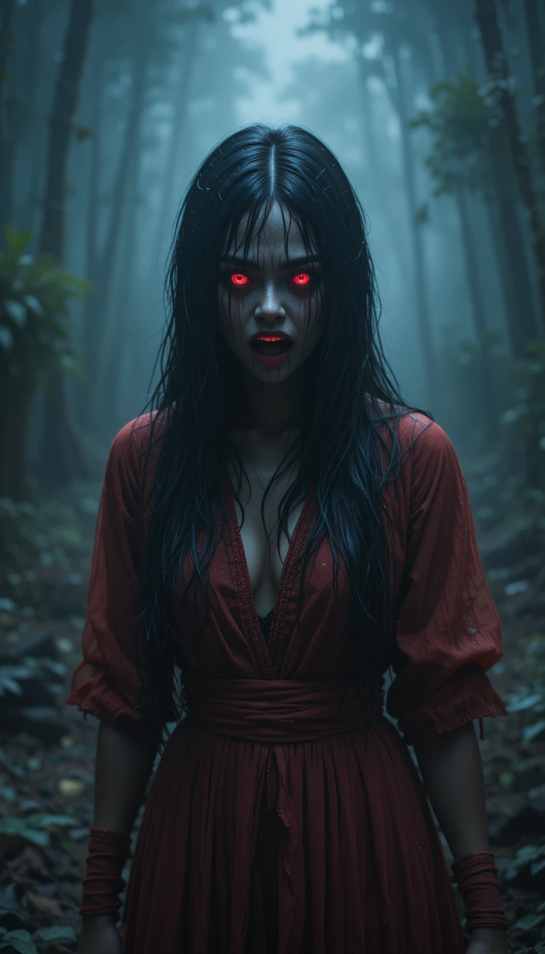 Ghostly woman in red dress haunting a dark bamboo forest