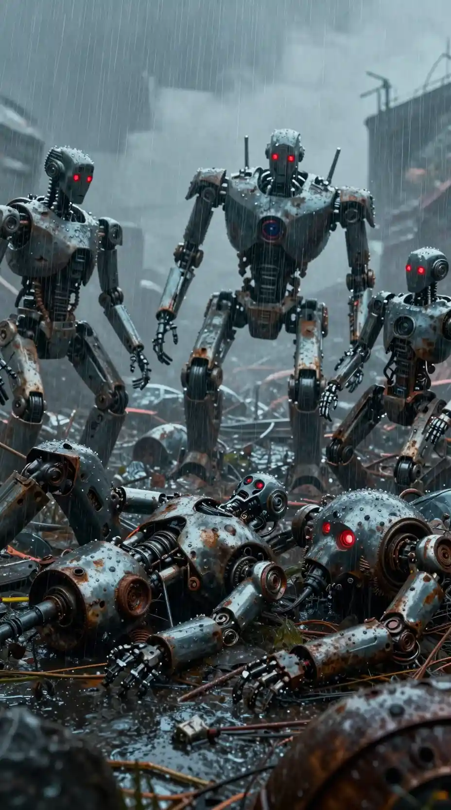 Cimitero distopico di robot sotto una pioggia incessante e torrenziale