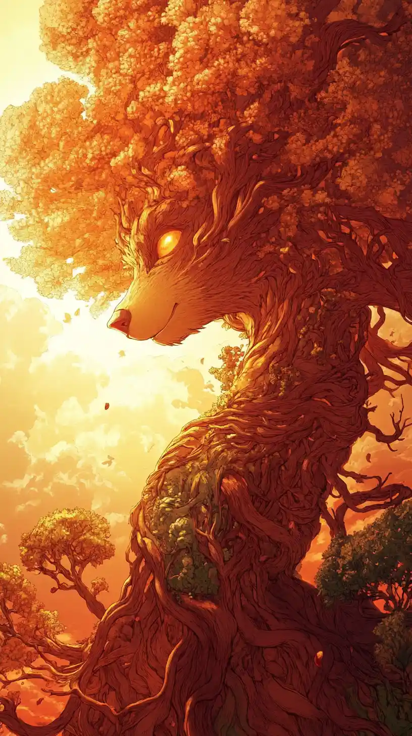 Tree woman facing a bear at radiant sunset