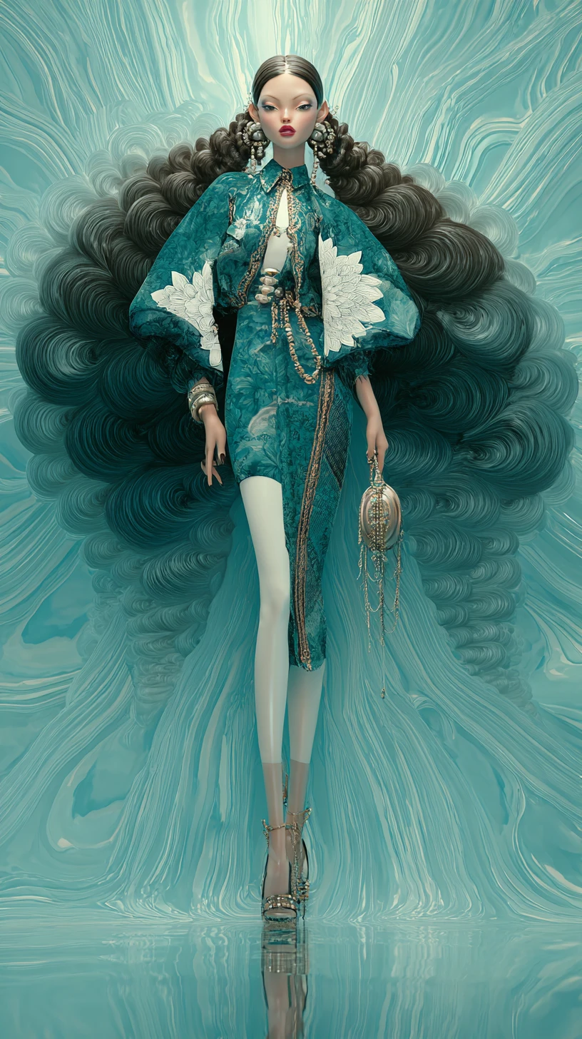 Surreal fashionable woman with flowing hair in liquid interior