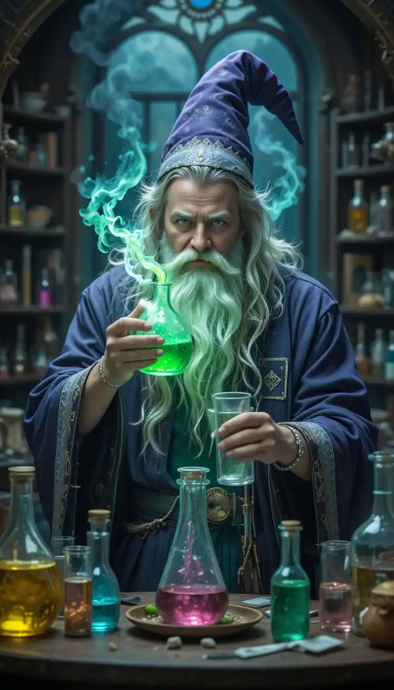 Wizard brewing colorful potions in a magical laboratory