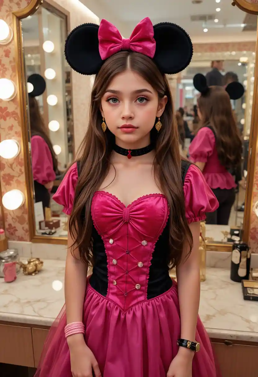 Tween boy styled as girl at boutique vanity mirror