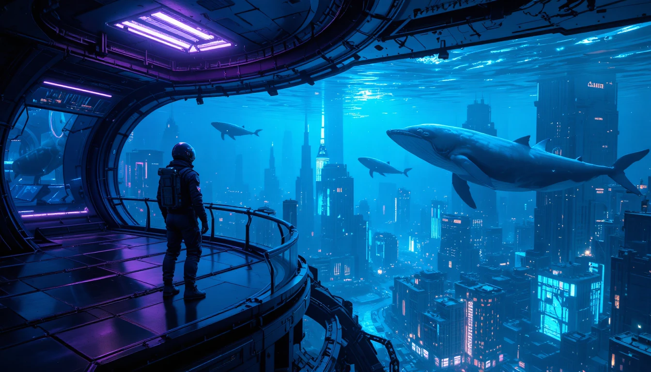 Astronaut On Glass Deck Above Futuristic Underwater City