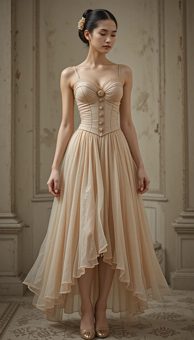 Ethereal champagne midi dress with corset bodice and sheer skirt
