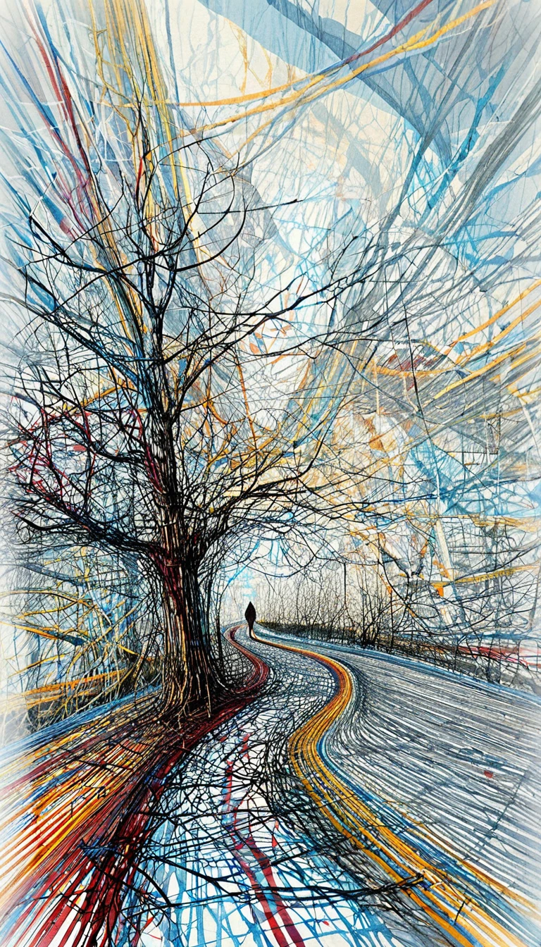 Abstrakter Linienkunst-Baum und gewundener Pfad zu einer einsamen Figur
