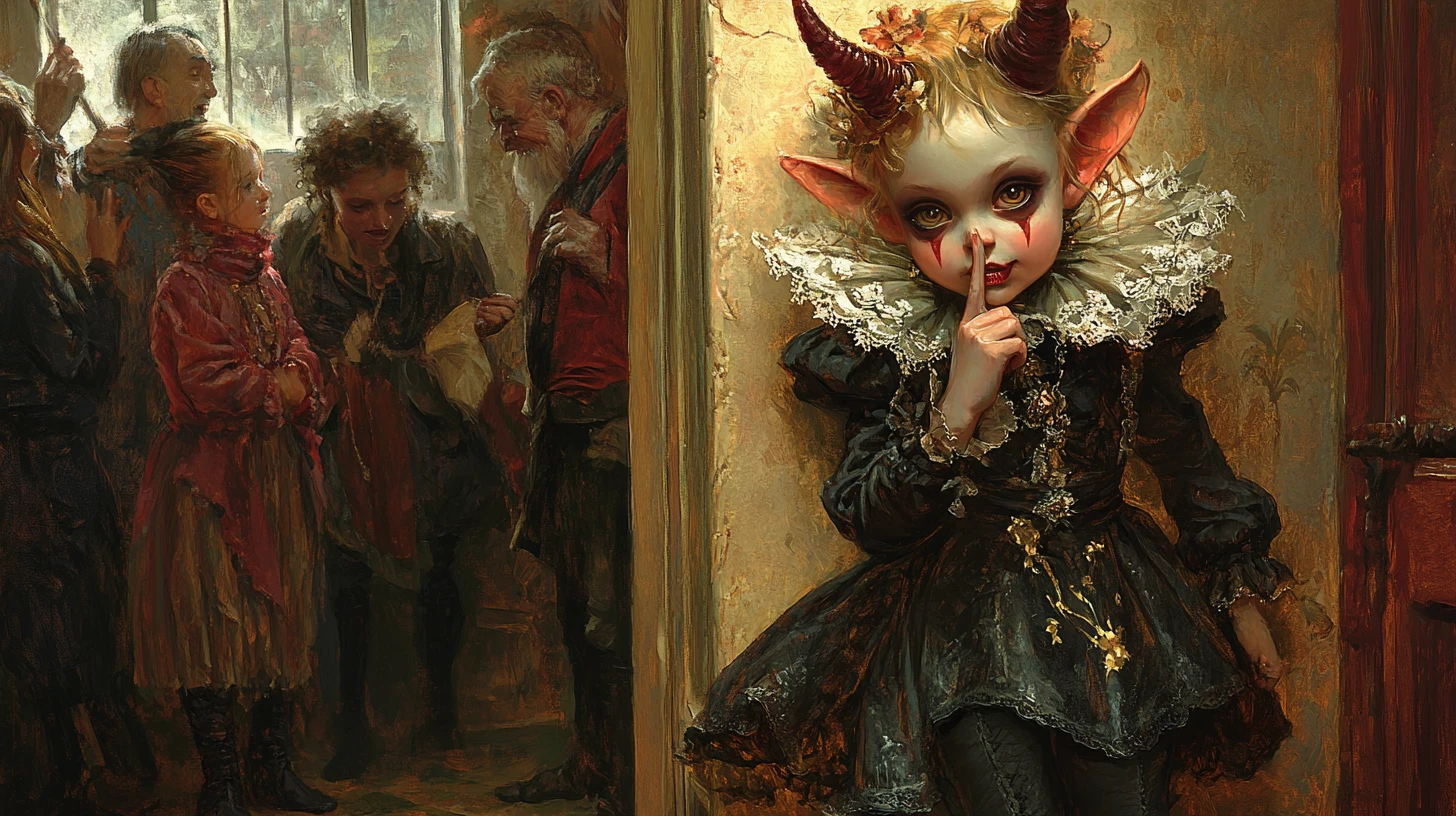 Baroque painting of a tiny imp girl in a house corner
