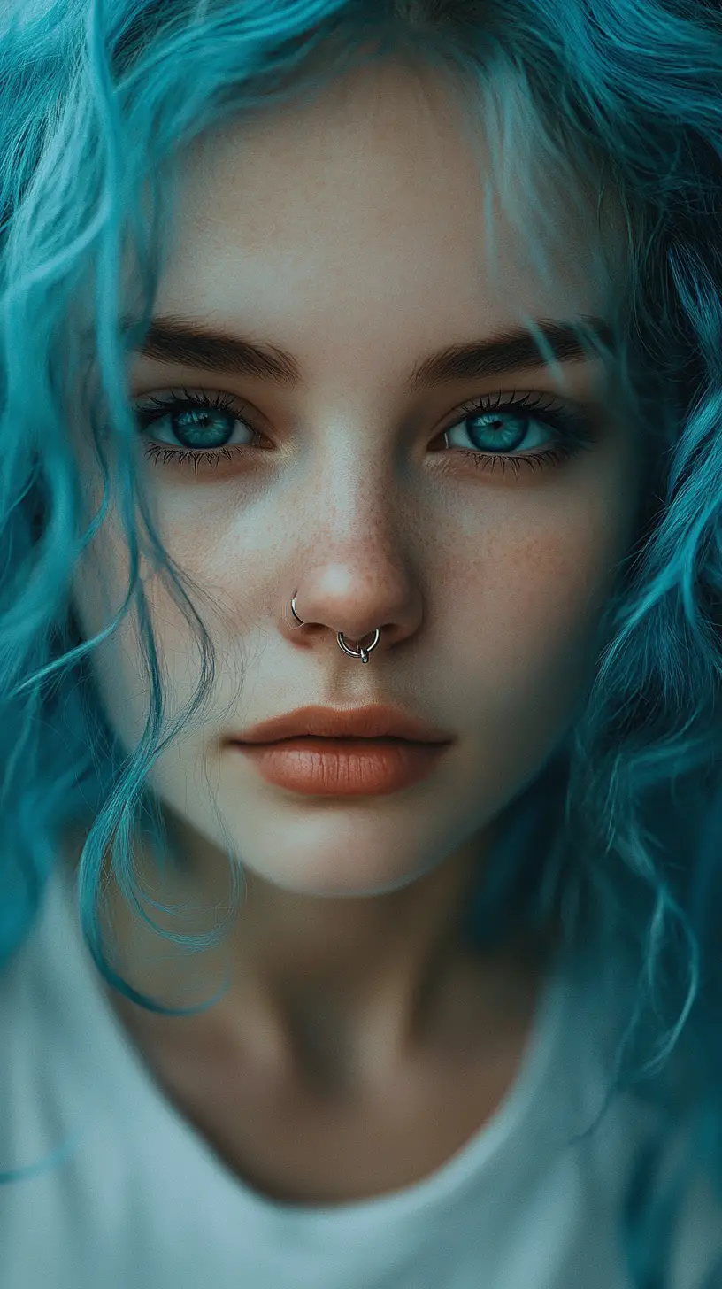 Blue haired woman portrait with intense piercing gaze
