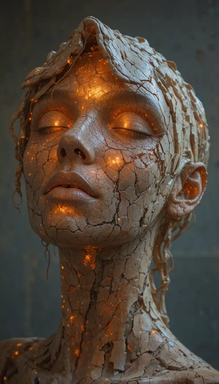 Abstract woman sculpture glowing with warm orange light