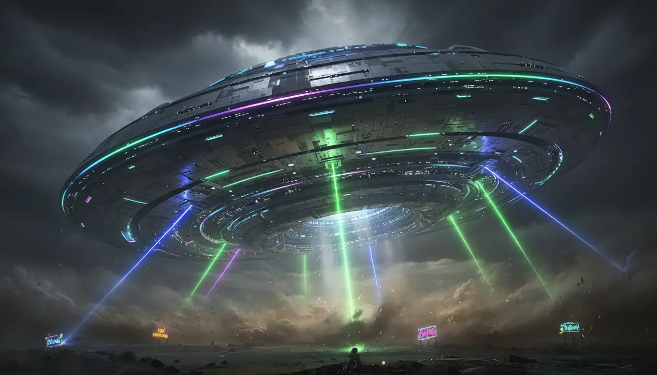 Round spaceship firing colorful lasers over dusty smoky landing site