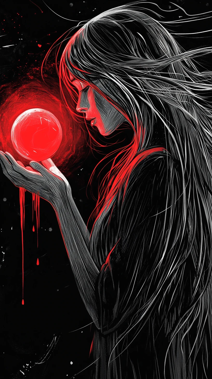 Woman holding a glowing red orb in the darkness