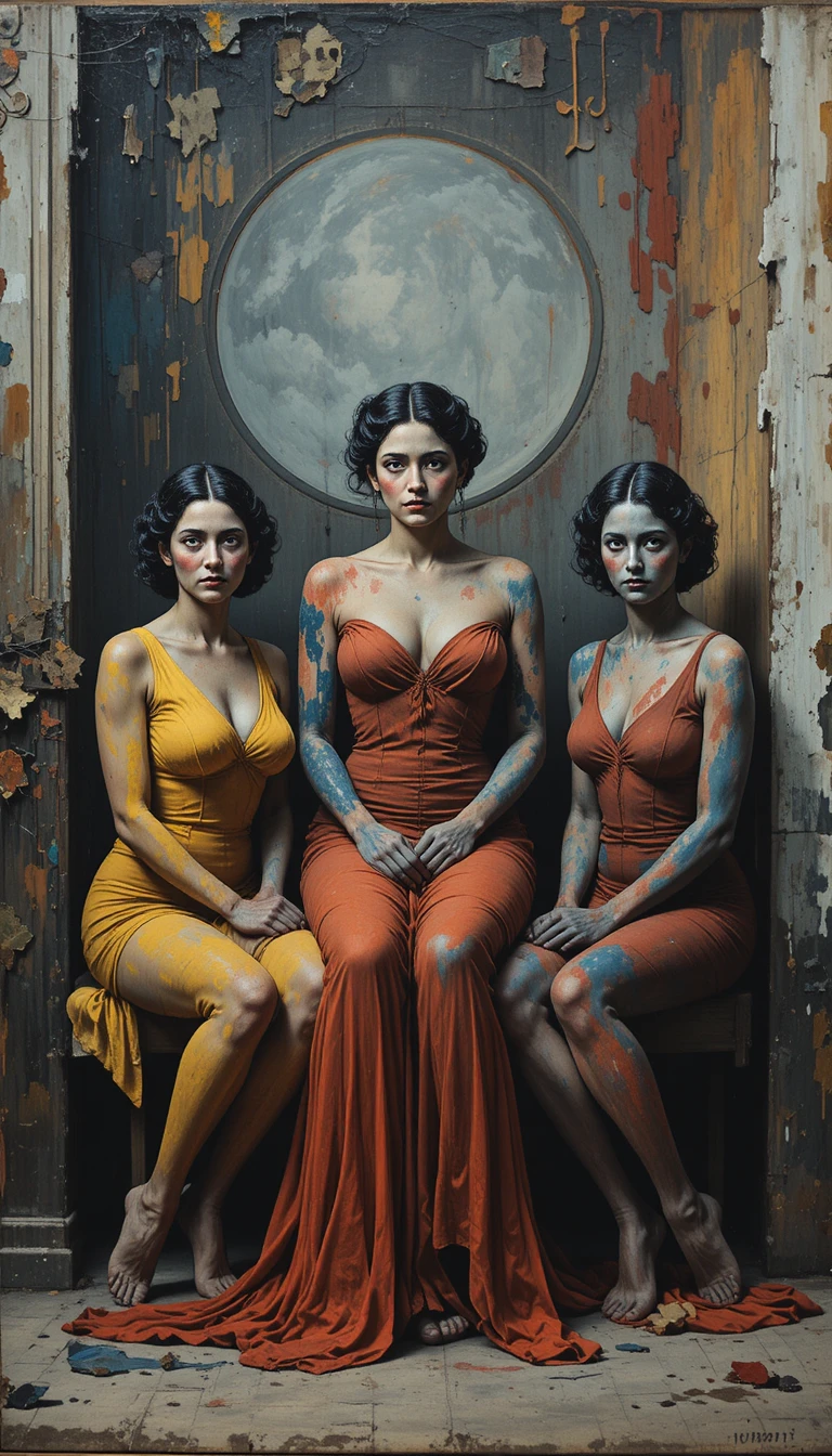 Semi figurative group of six figures in vintage painting