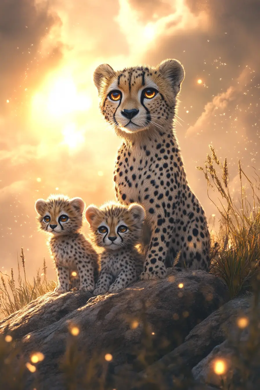 Mother Cheetah Watching Playful Cubs On Sunny Savanna
