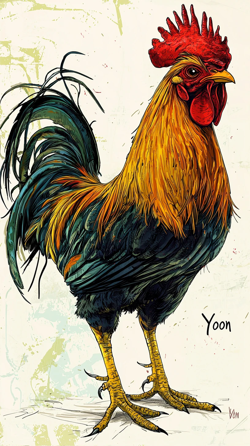 Gallo malinconico che cammina orgoglioso in stile illustrazione a inchiostro
