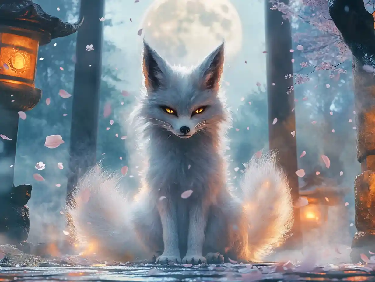 Mystischer Kitsune-Geist unter einem mondbeschienenen japanischen Himmel