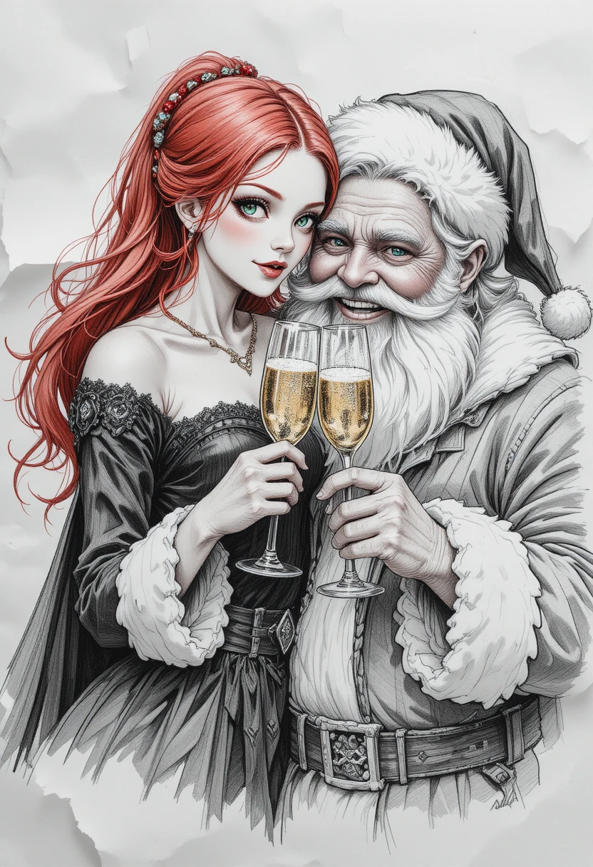 Vampire woman hugging Santa Claus with champagne