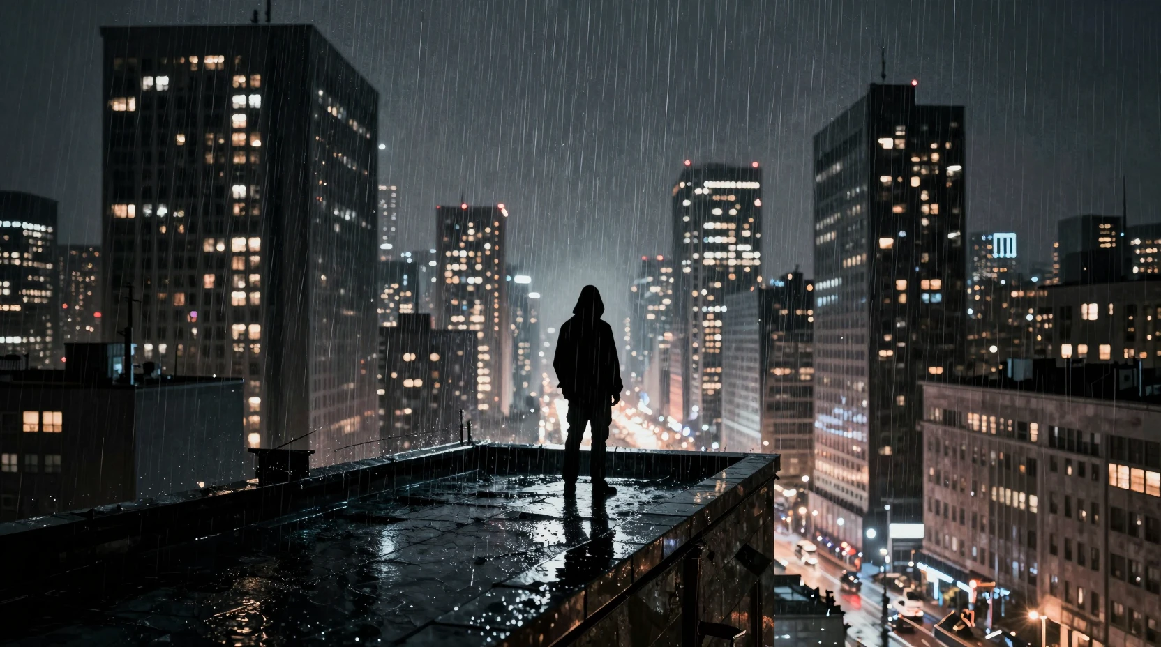 雨のネオン都市を見下ろすフードをかぶった人物