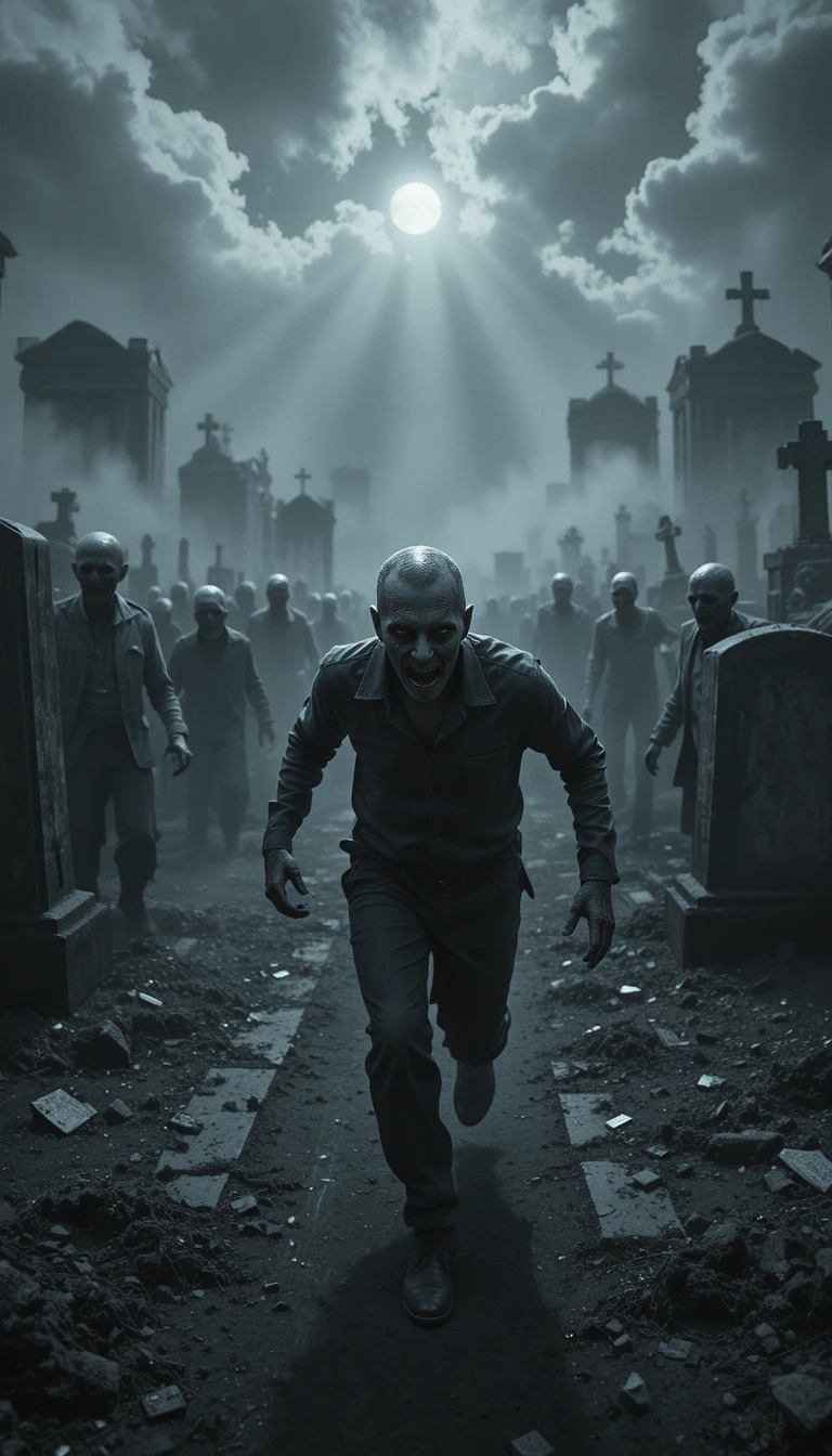 Man fleeing zombies in a foggy night cemetery pov