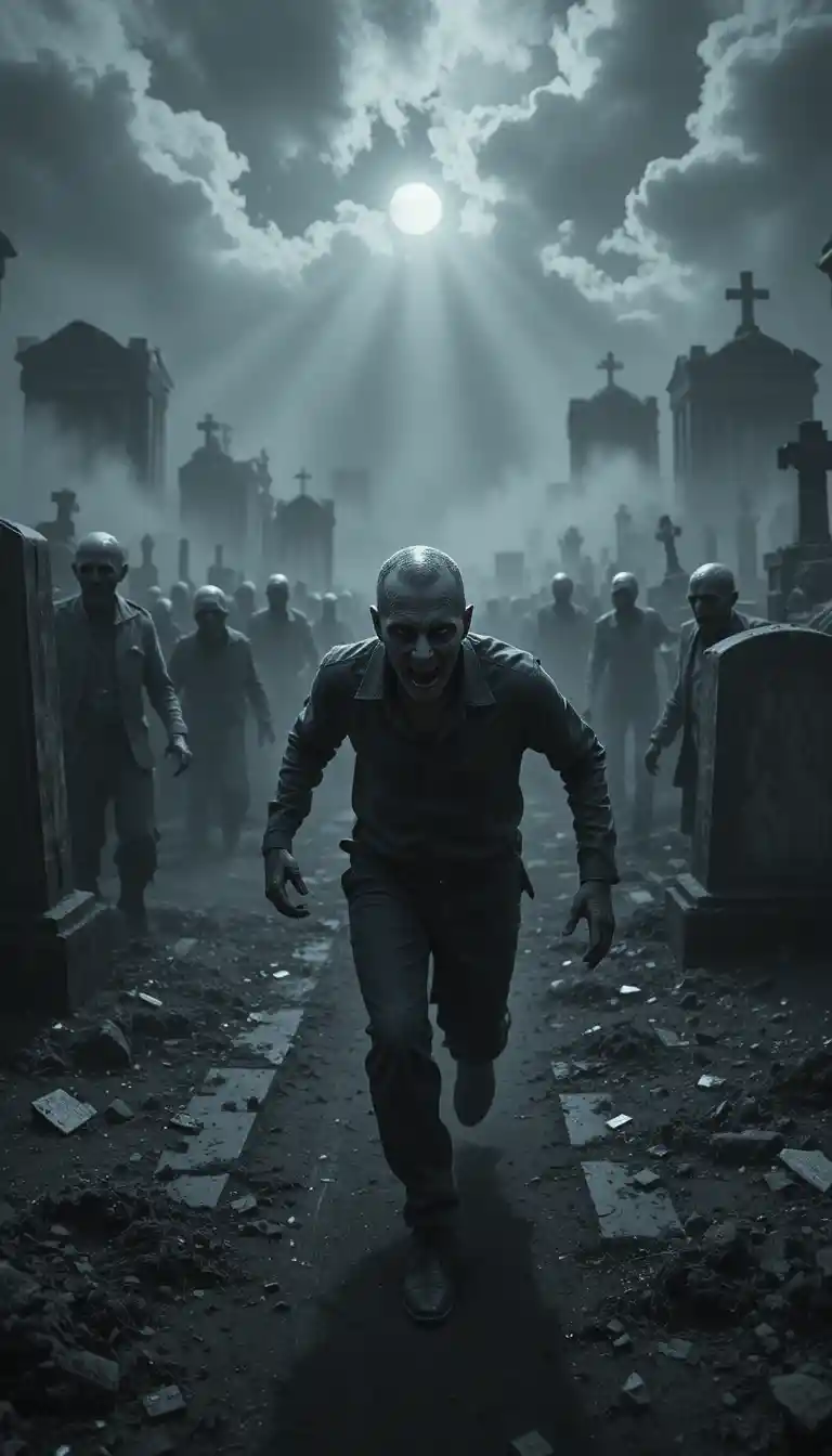 Man fleeing zombies in a foggy night cemetery pov