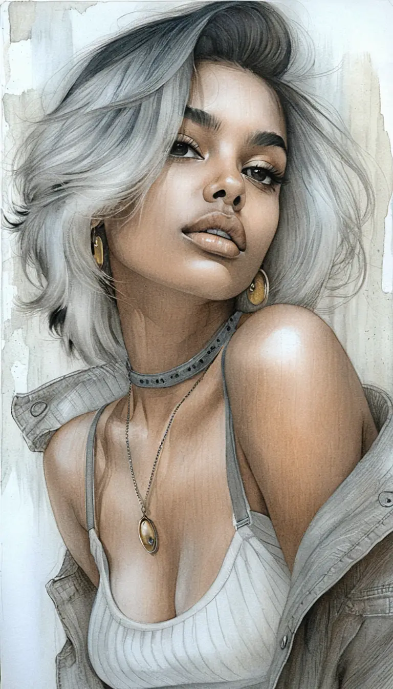 Portrait sensuel au graphite d’une jeune femme en veste en jean