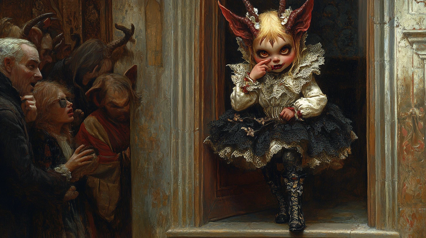 Baroque imp woman in lace boots teasing in a corner