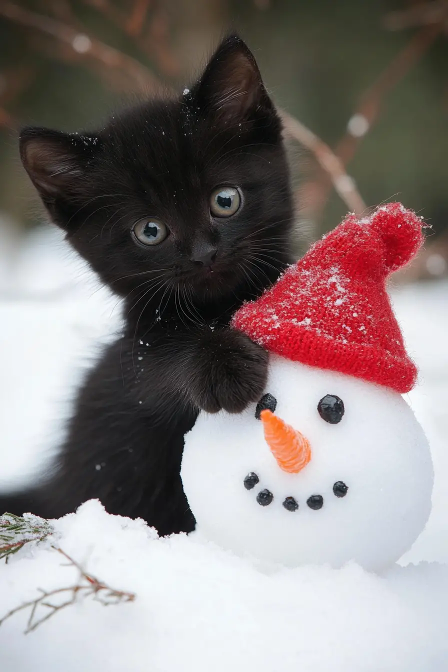 Playful black kitten staring after knocking down a snowman