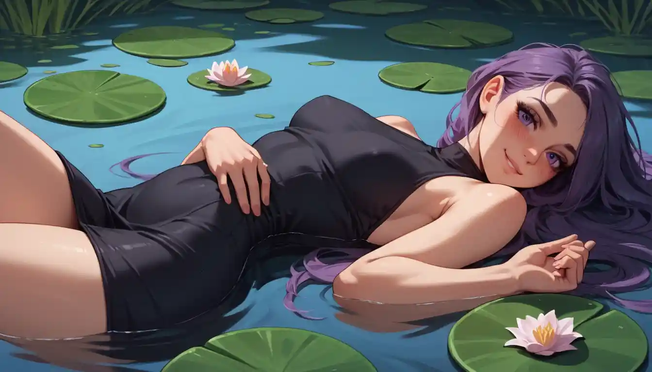 Anime girl lying in a lily pond in a black dress