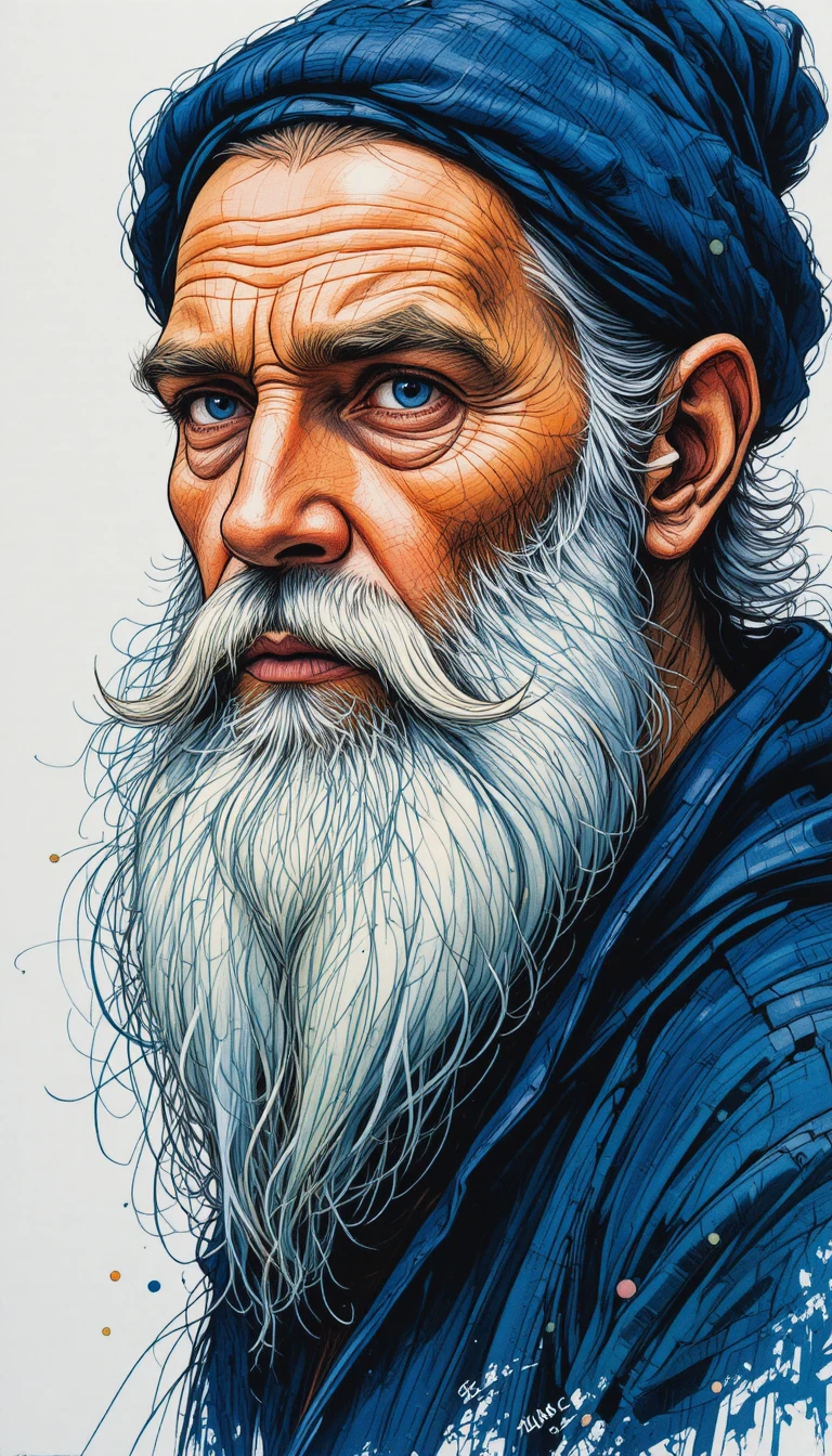 Portrait à l’encre et à l’aquarelle d’un vieil homme barbu à casquette bleue