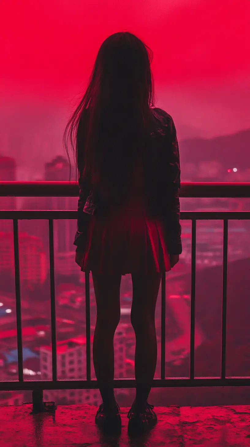Girl on city balcony in intense red atmosphere