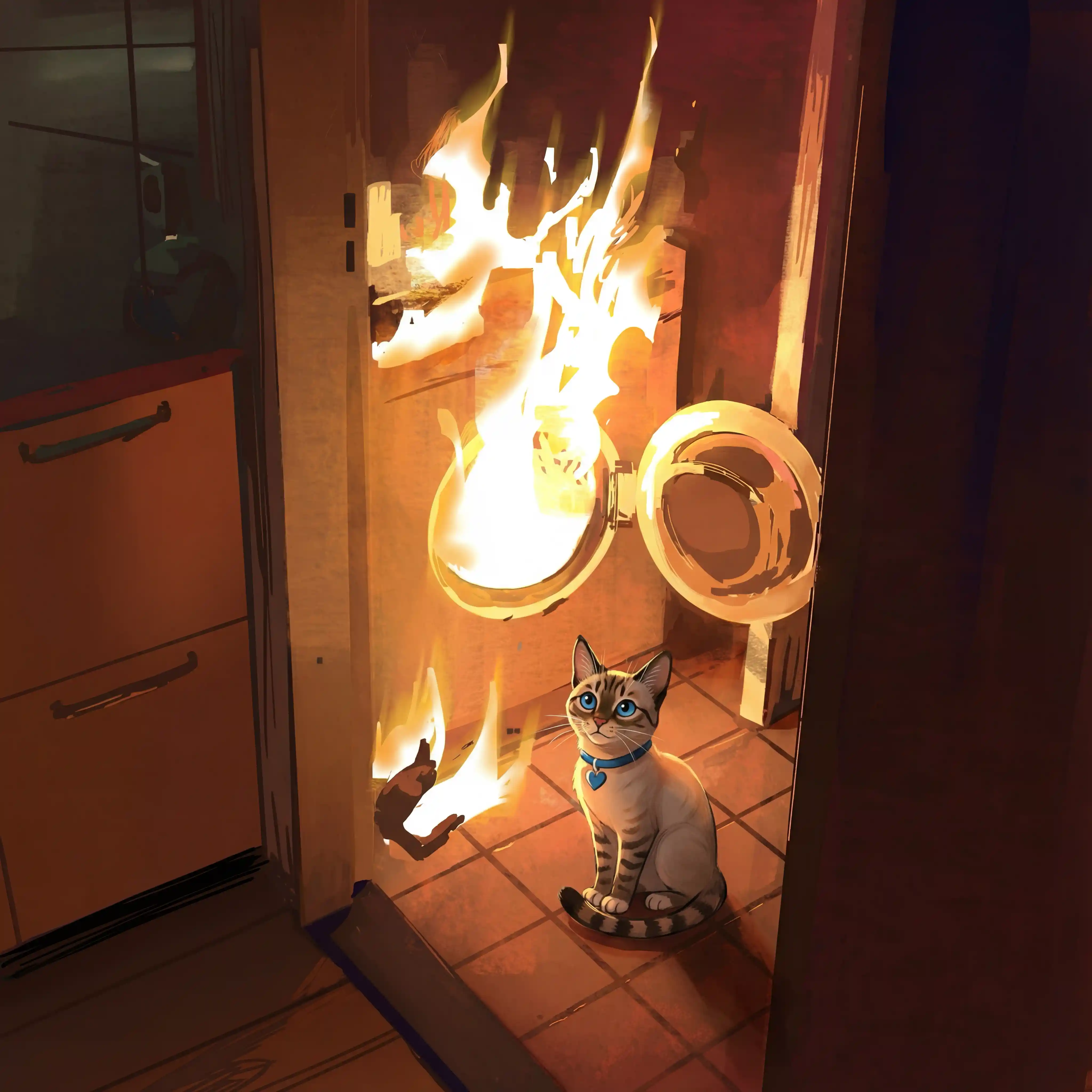 Realistic cat against dramatic fire background scene