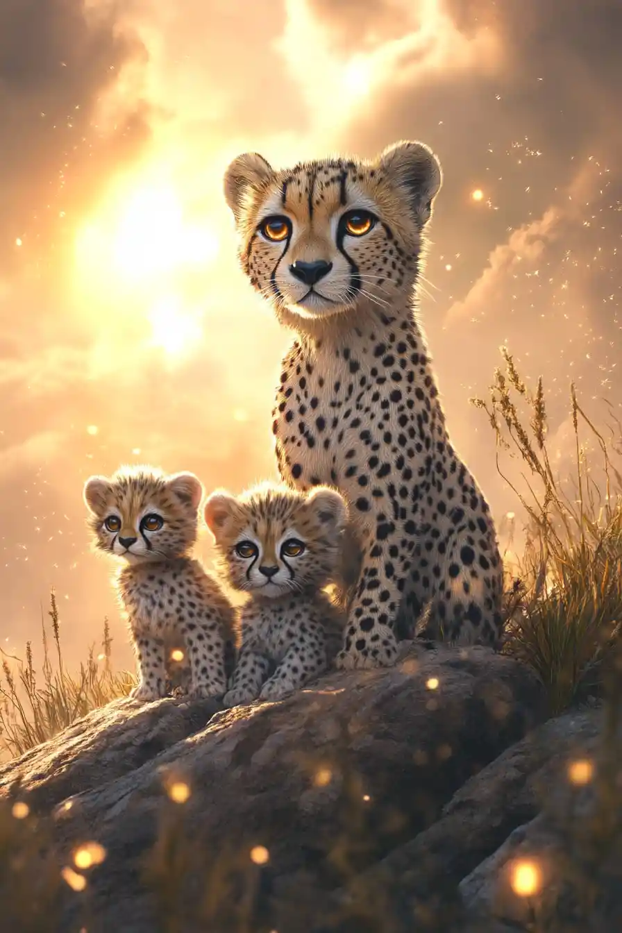 Mother Cheetah Watching Playful Cubs On Sunny Savanna